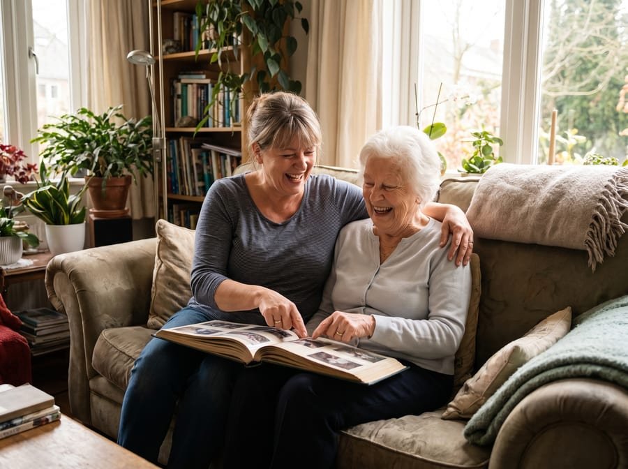 A caregiver and senior laughing over a photo album together